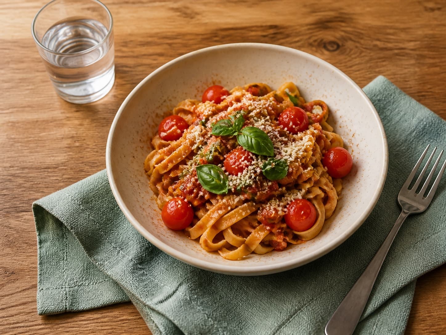 Fotografierte Pasta mit Tomaten und Basilikum