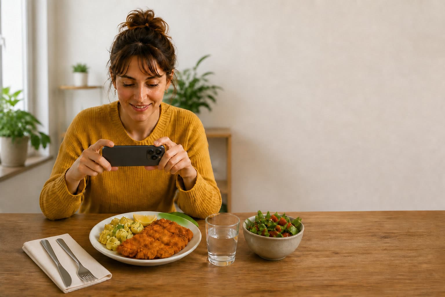 Eine Frau fotografiert ein Schnitzel mit Petersilienkartoffeln mit ihrem Smartphone