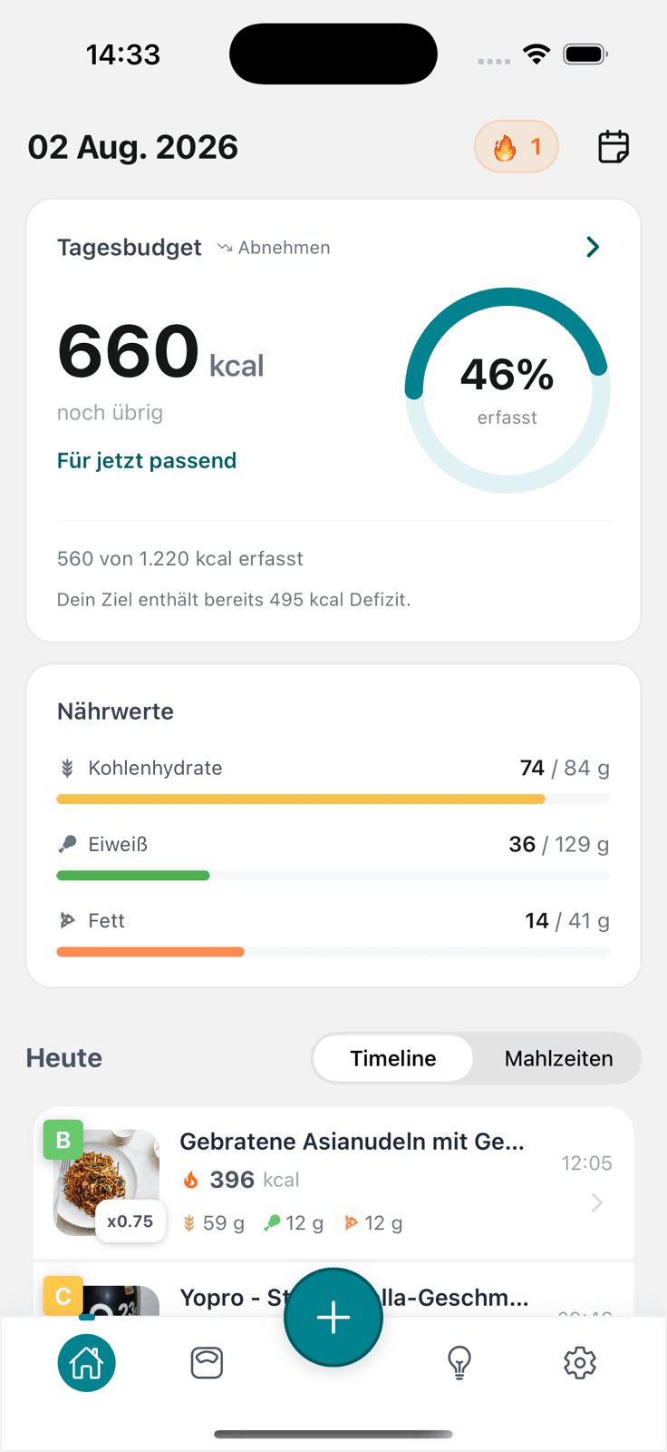 Tagesübersicht der Jausn App mit Kalorienbudget und Makronährstoffen