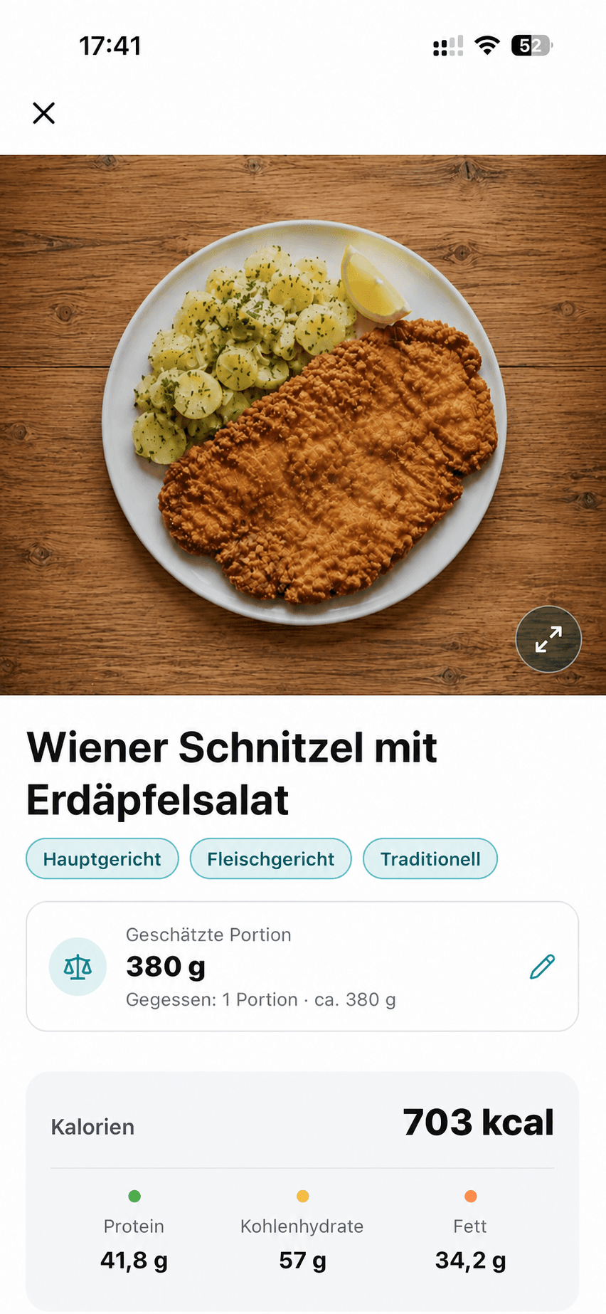 Jausn erkennt Wiener Schnitzel mit Erdäpfelsalat und zeigt 703 kcal sowie die Makronährstoffe