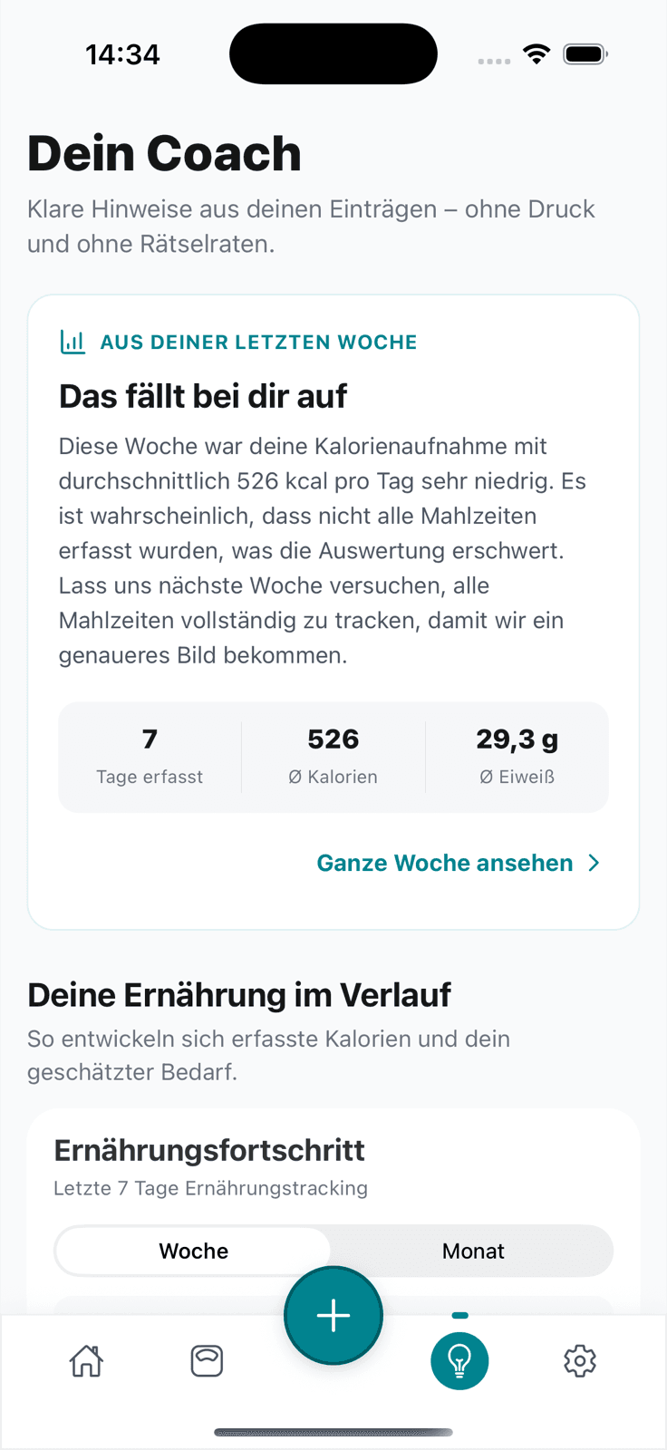 Wöchentliche Ernährungsanalyse und Coach-Hinweise in der Jausn App