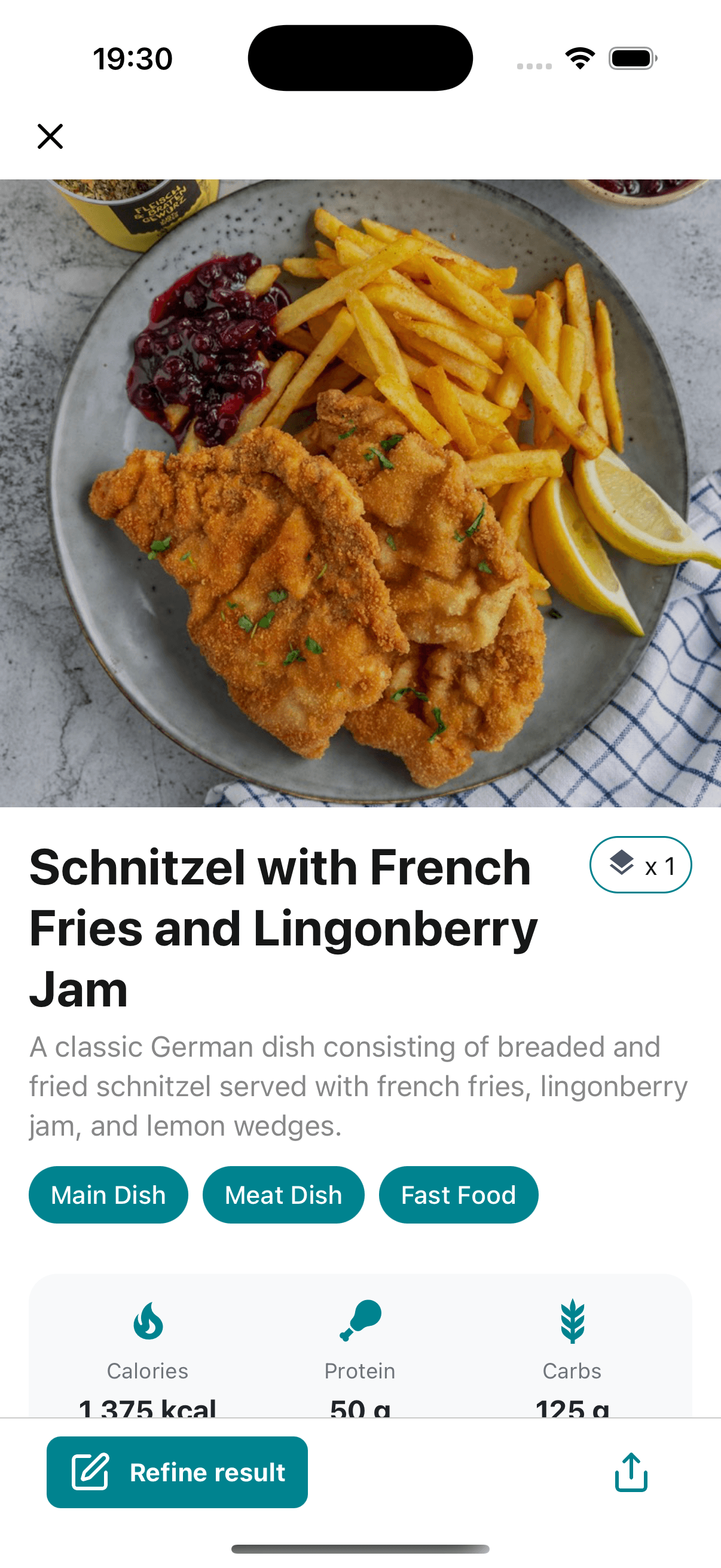 Detailed nutritional breakdown of meal with macros, vitamins, and ingredient analysis